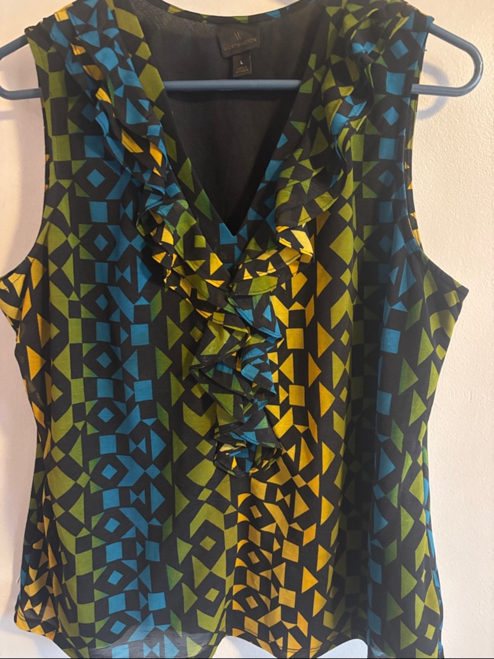 Worthington Sleeveless Ruffle V-Neck Tank in Black, Blue & Green